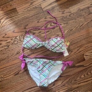Surfside NWT plaid bandeau bikini polka dot accent bikini